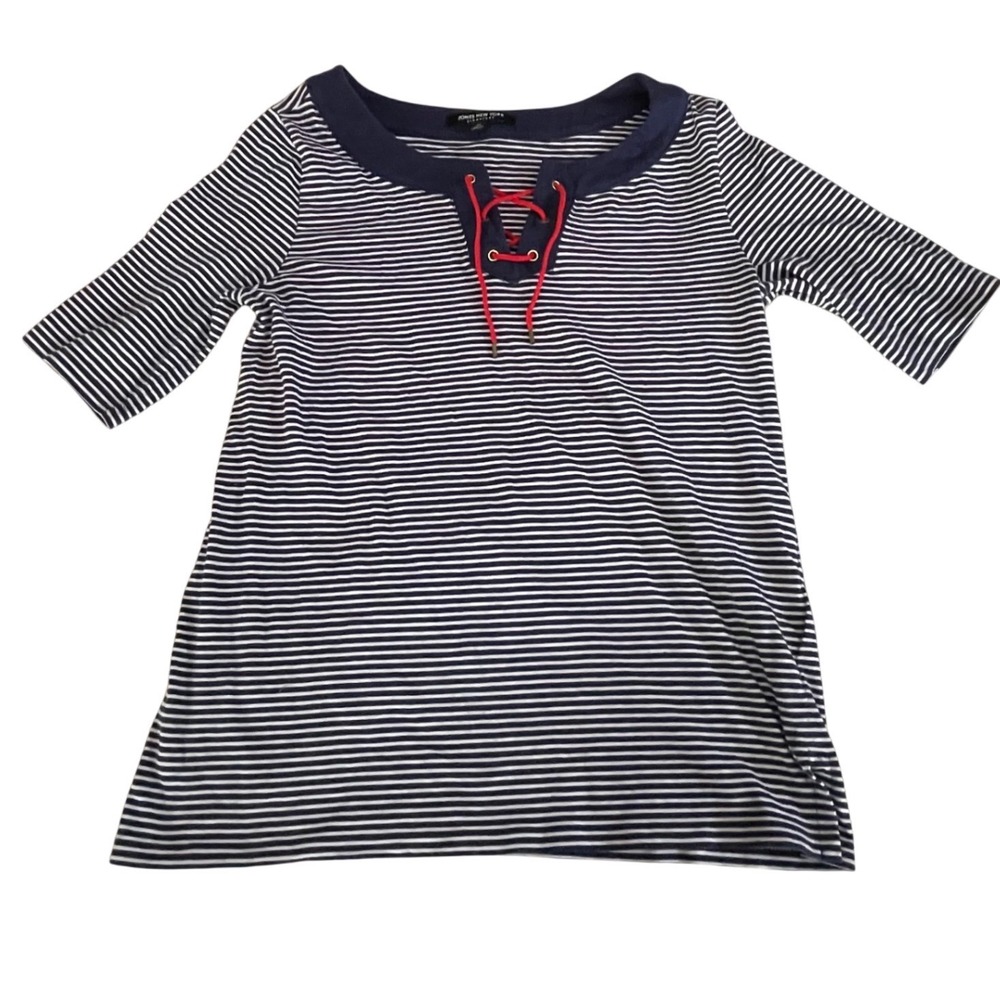 Jones New York Signature Navy White Striped‎ Lace Up Nautical Top Medium